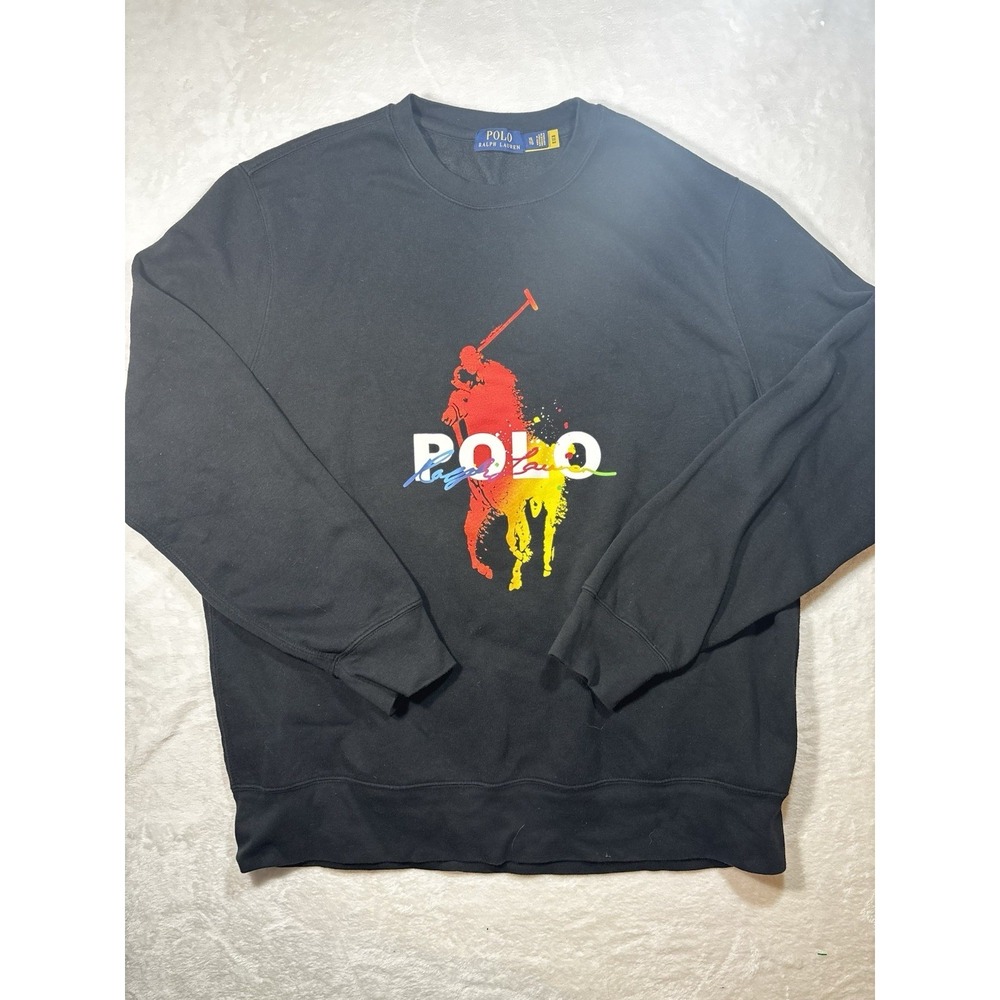 Polo Ralph Lauren Men Black Pony Horse Logo Fleece Crew Sweater Size XL